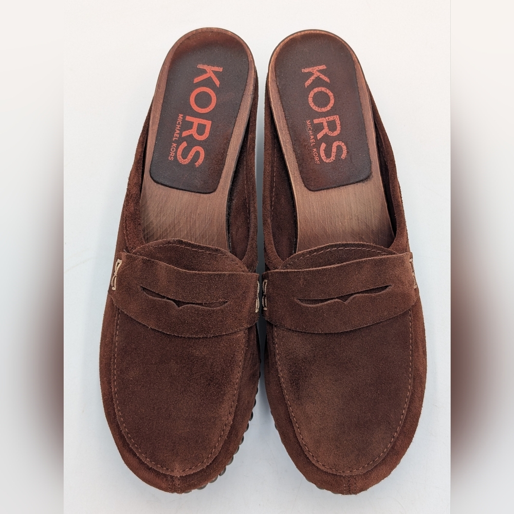 Michael Kors Women Sz 8 Studded Italian-Made Brown Suede Leather Clog Wood-Soles - Picture 11 of 17
